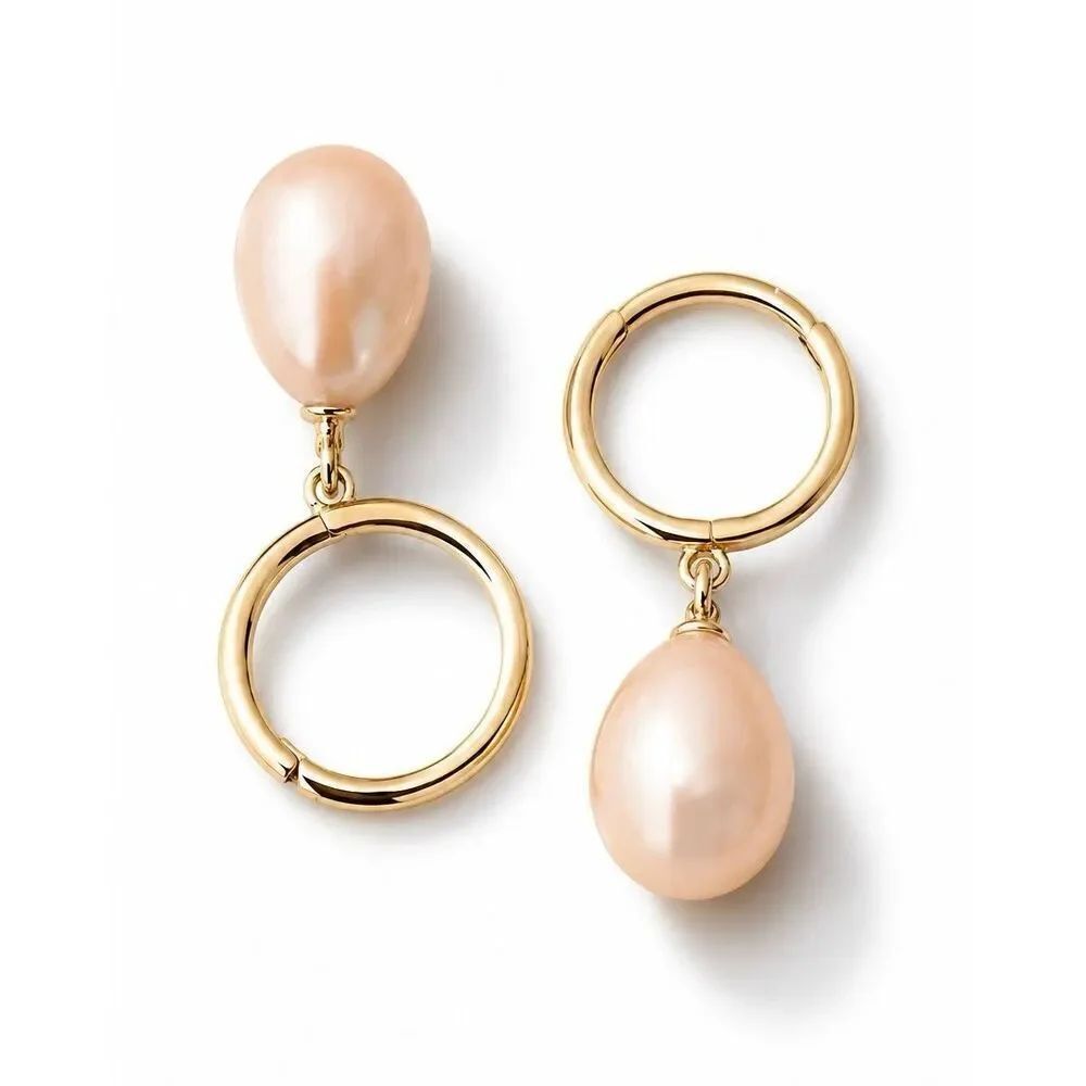 Large Pink Freshwater Pearl Drop Dangle Earrings, Gold Tone